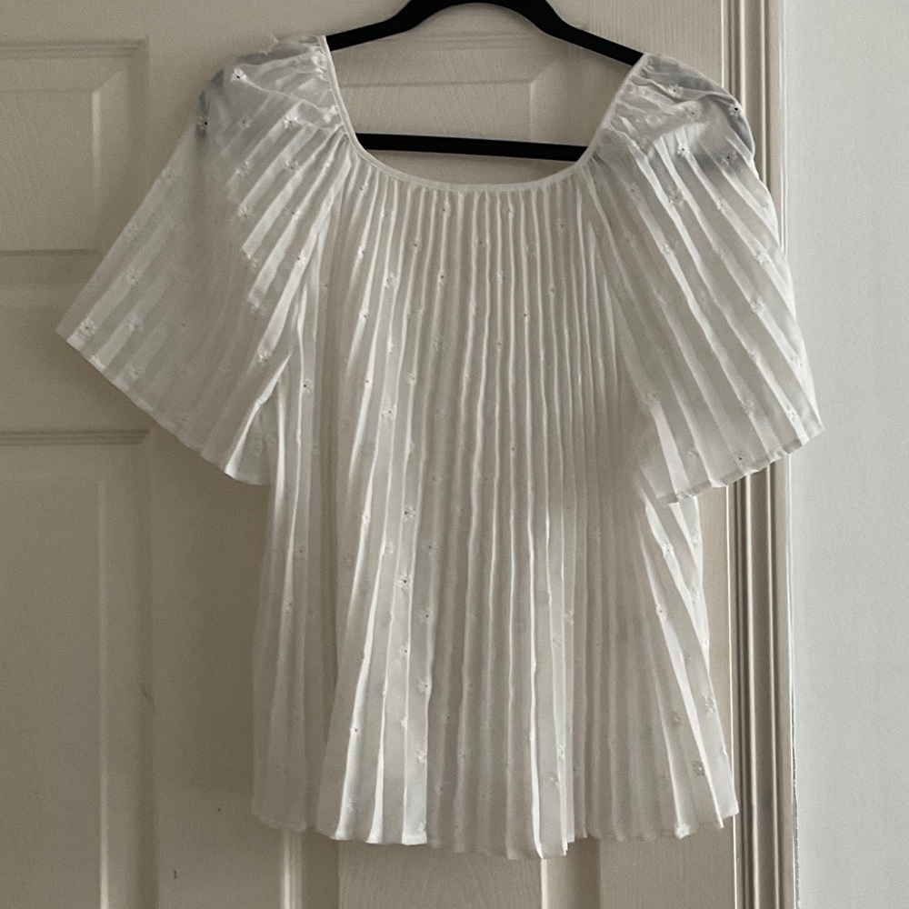 Sezane White Pleated Square-Neck Blouse